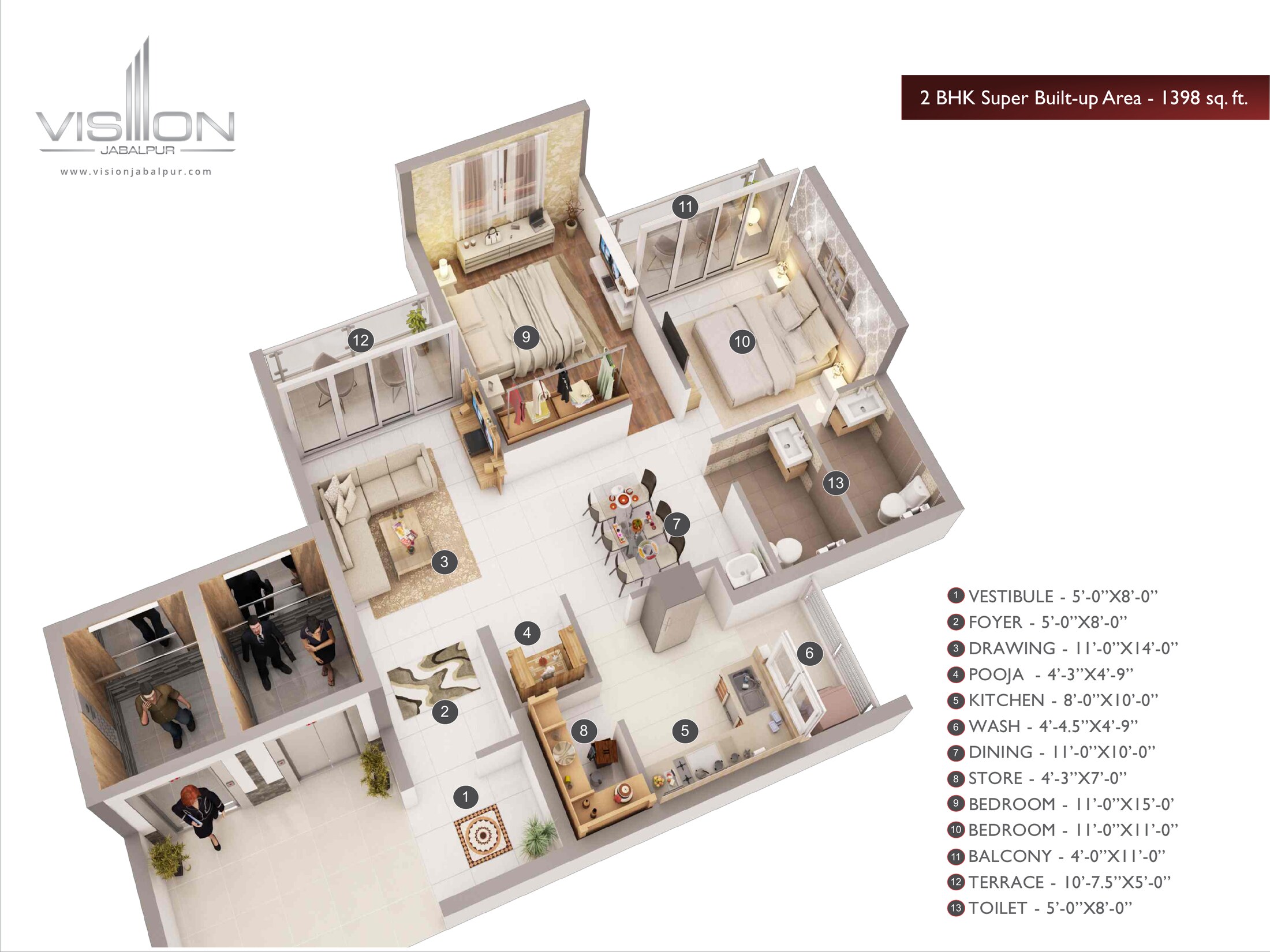 2 BHK floor plan — 1398 sq. ft.