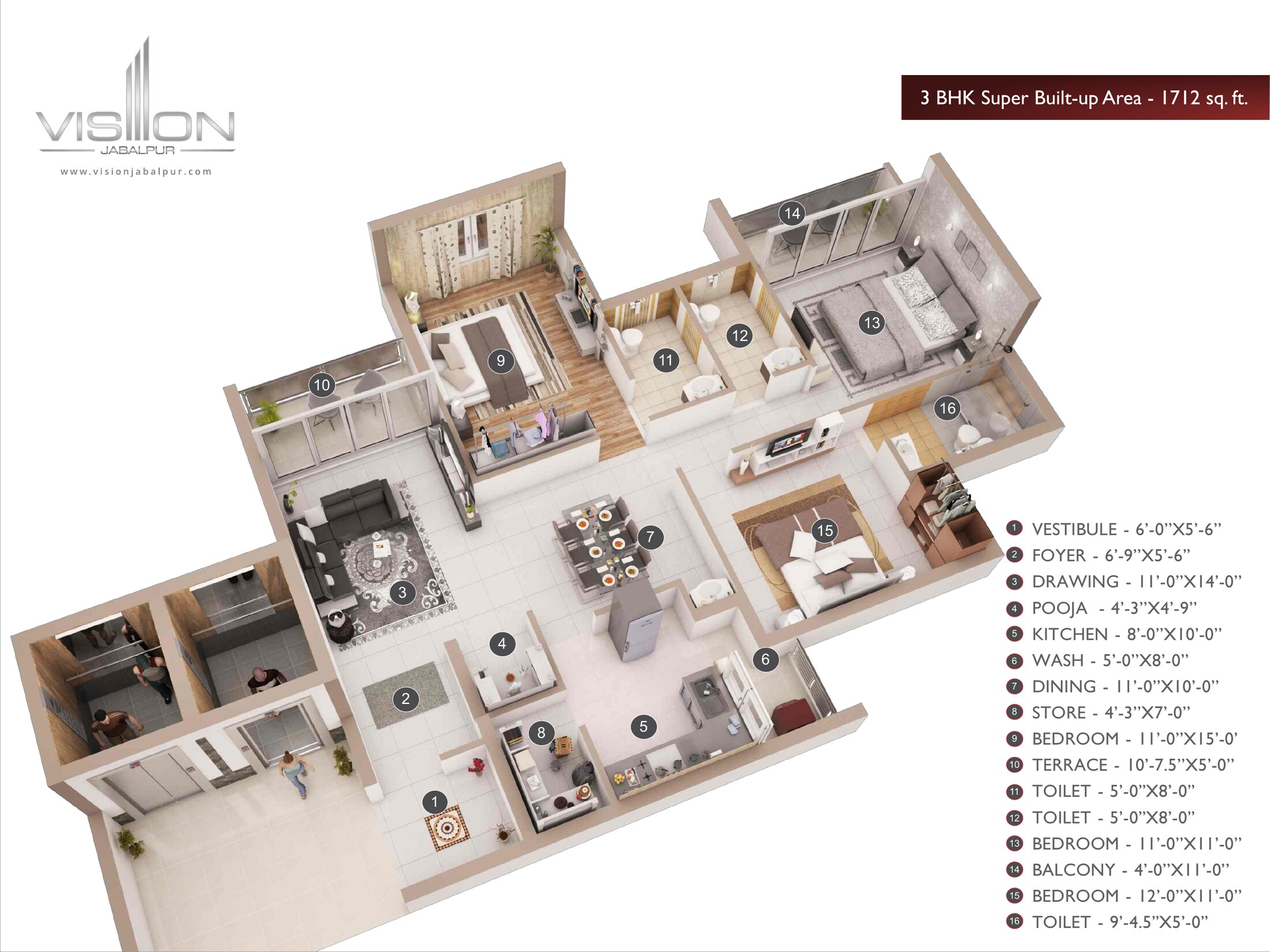 3 BHK floor plan — 1712 sq. ft.