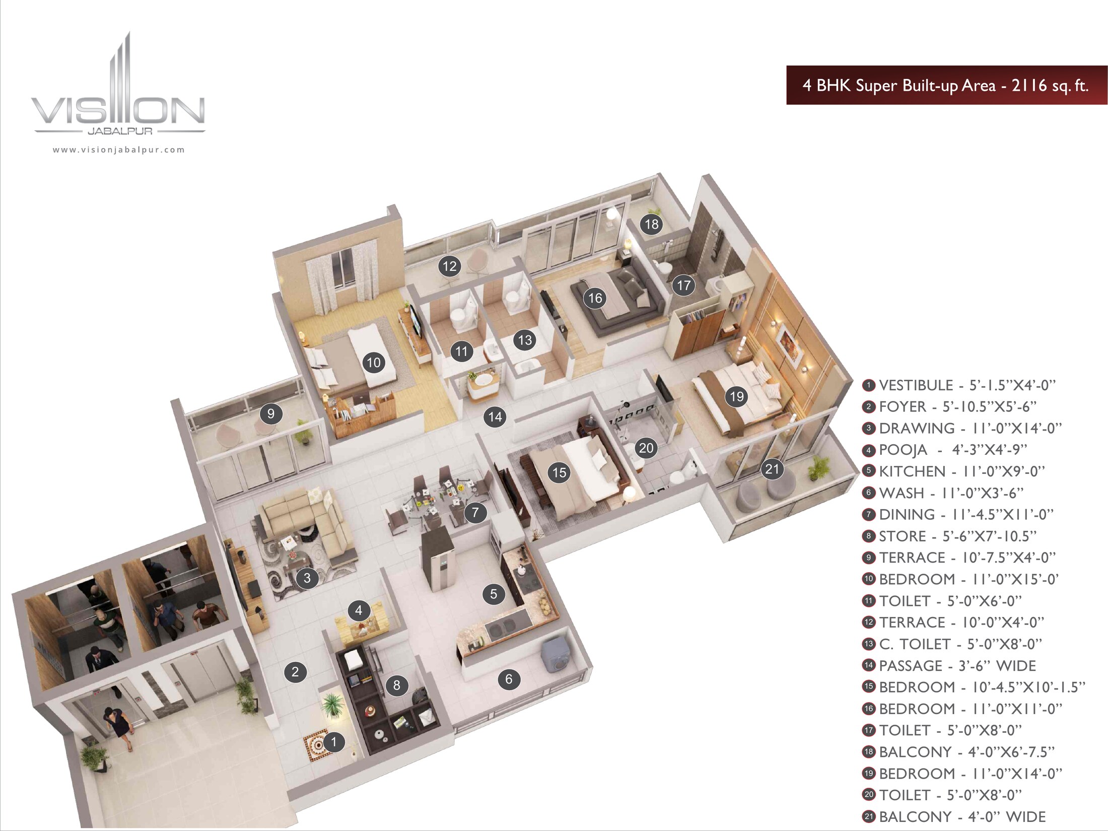 4 BHK floor plan — 2116 sq. ft.